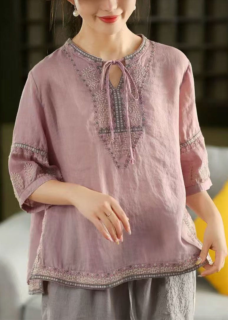 Purple Summer Linen Top Beautiful Embroidered Shirt