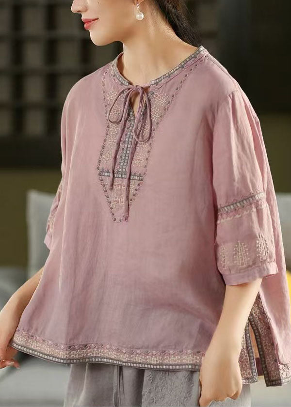 Purple Summer Linen Top Beautiful Embroidered Shirt