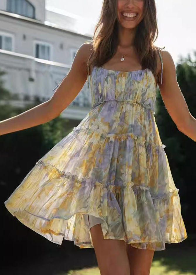 Dress Purple Tea Summer Chiffon Print Beautiful