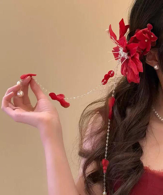 Beautiful Floral Tassel Pearl Hairpin Red Acrylic