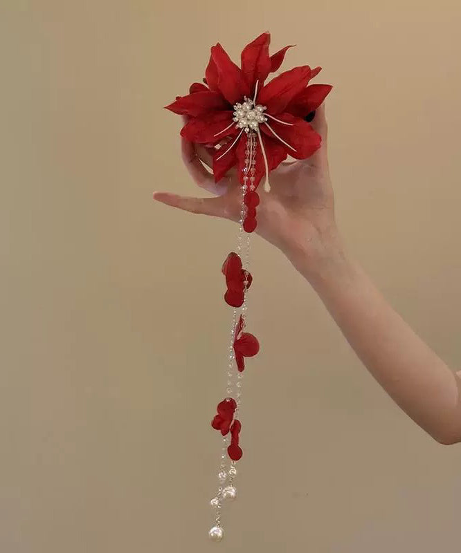 Beautiful Floral Tassel Pearl Hairpin Red Acrylic