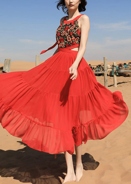 Beautiful Chiffon Red Long Sleeveless Up Lace Embroidered Dress