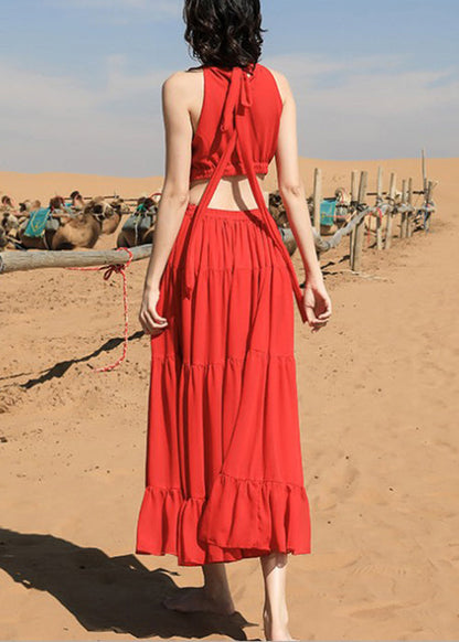 Beautiful Chiffon Red Long Sleeveless Up Lace Embroidered Dress