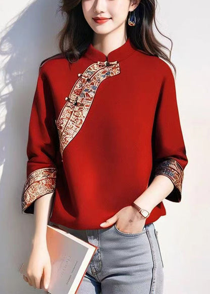 Beautiful Red Mandarin Collar Patchwork Cotton Pullover Tops Spring YJ044