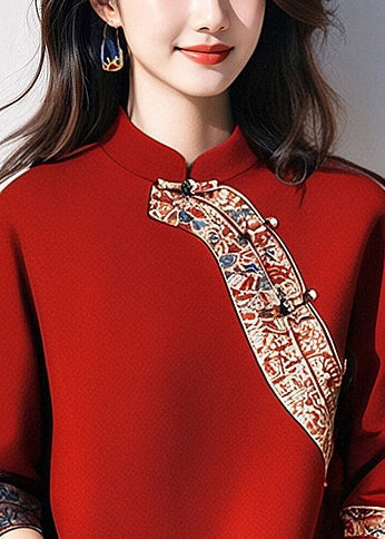 Beautiful Red Mandarin Collar Patchwork Cotton Pullover Tops Spring YJ044
