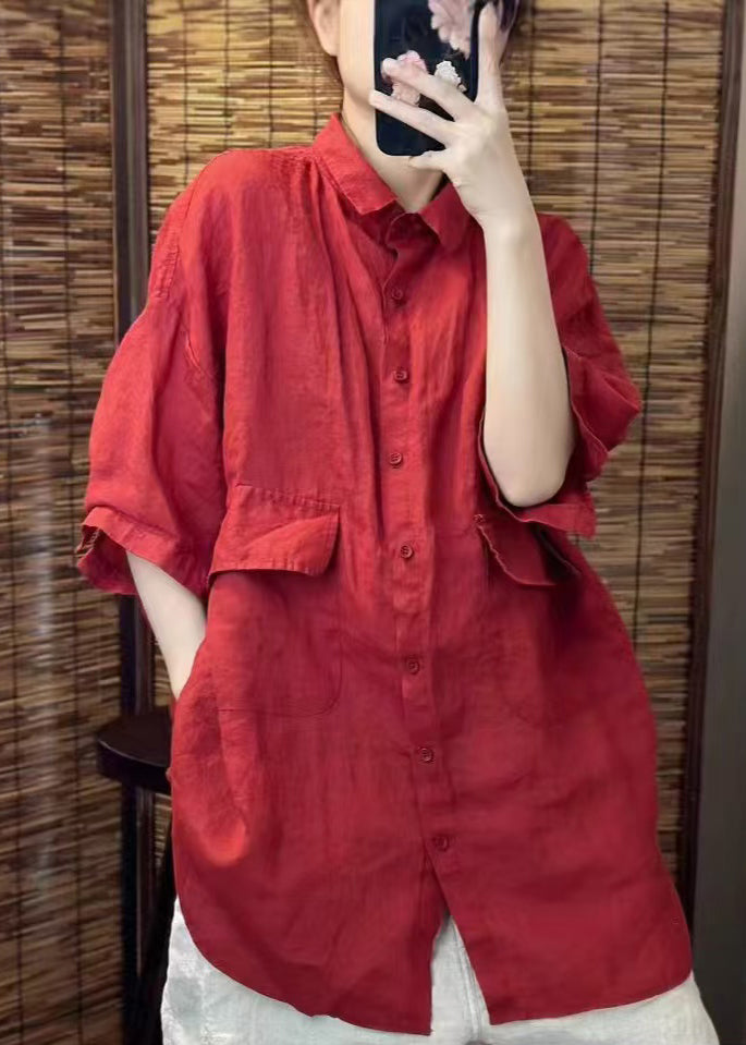 Summer Red Beautiful Linen Blouses Oversized Pockets