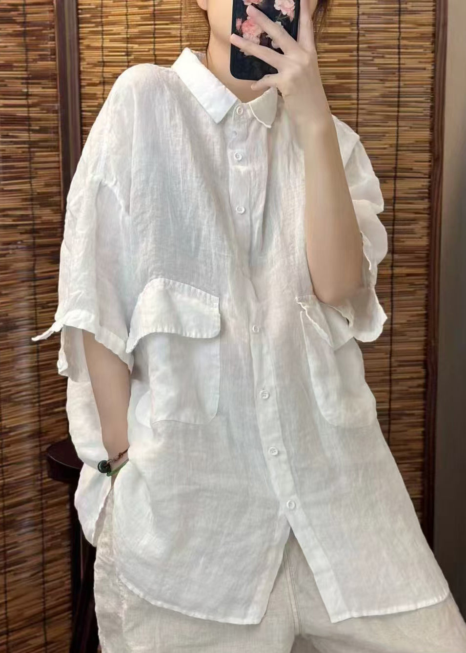 Summer Red Beautiful Linen Blouses Oversized Pockets