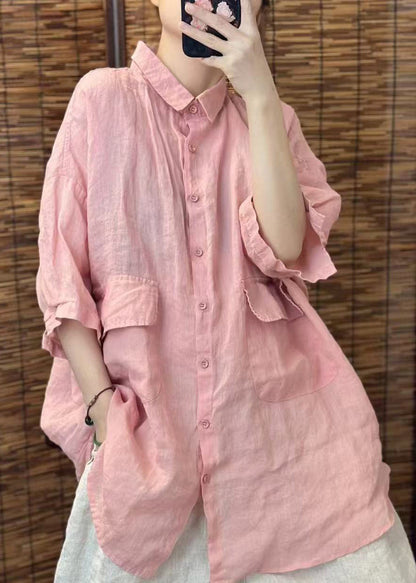 Summer Red Beautiful Linen Blouses Oversized Pockets