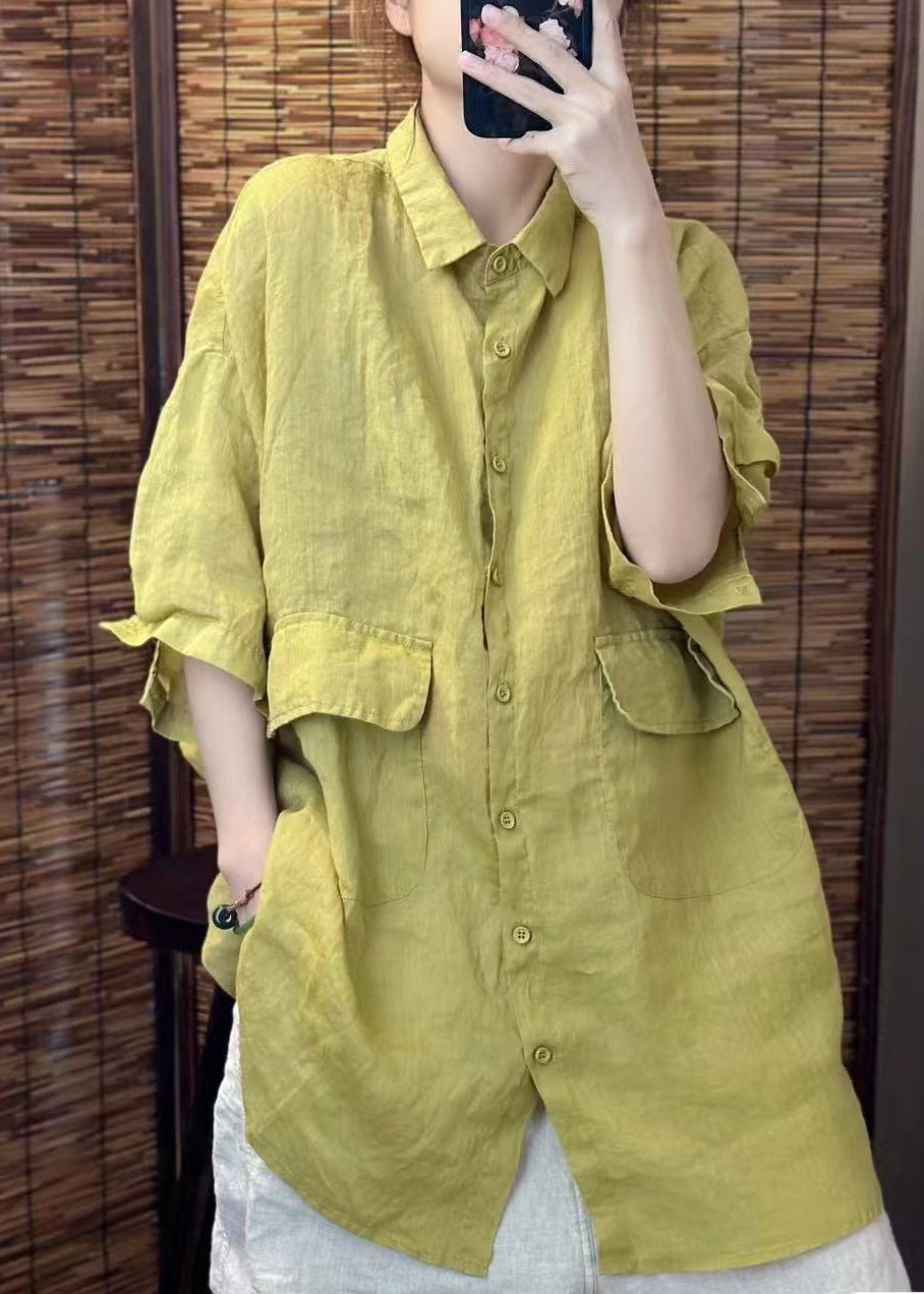 Summer Red Beautiful Linen Blouses Oversized Pockets