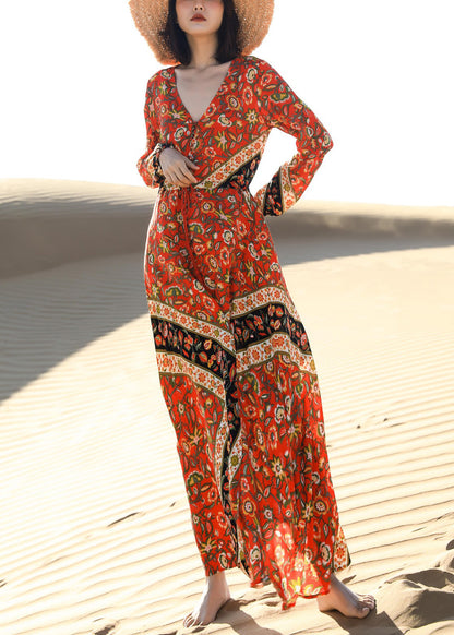 Lace Print Fall Red Pockets Long Beautiful Dress Up