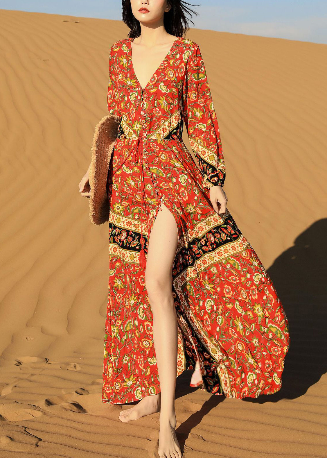 Lace Print Fall Red Pockets Long Beautiful Dress Up