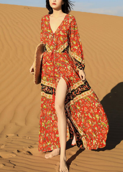 Lace Print Fall Red Pockets Long Beautiful Dress Up