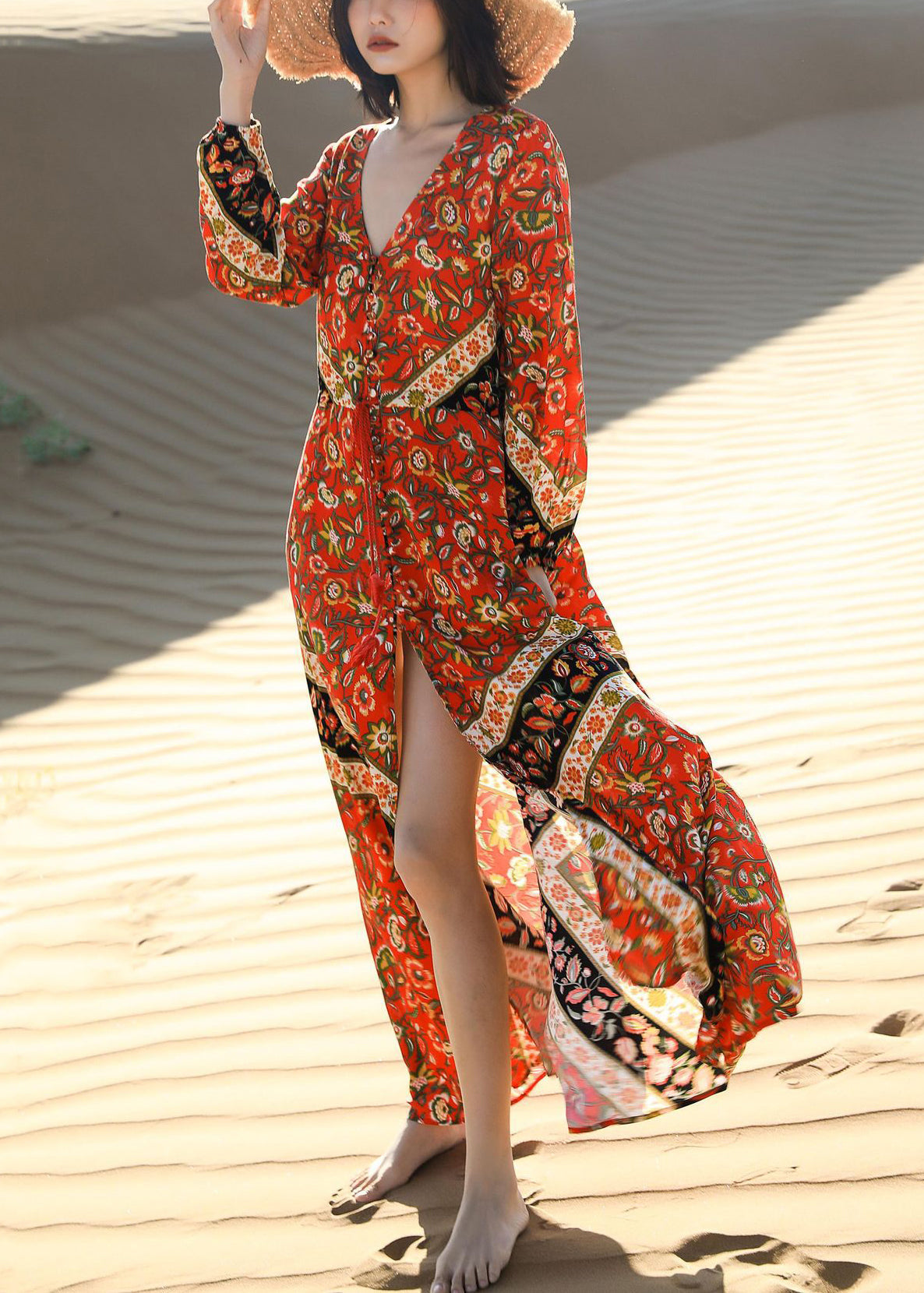 Lace Print Fall Red Pockets Long Beautiful Dress Up