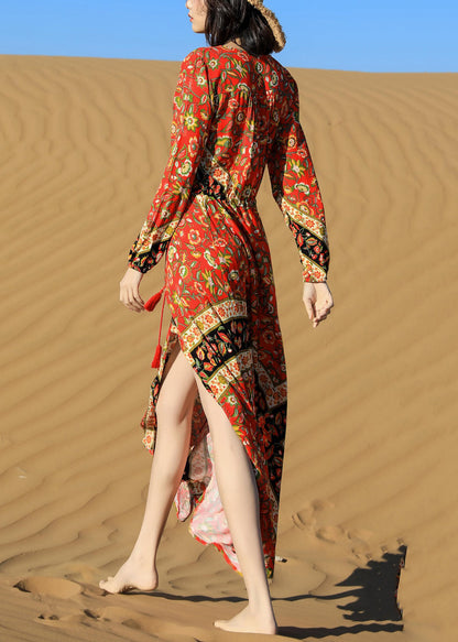 Lace Print Fall Red Pockets Long Beautiful Dress Up