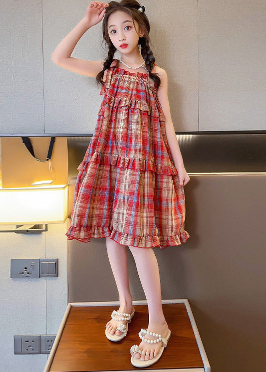 Beautiful Red Slash Neck Ruffled Plaid Patchwork Girls Slip Long Dress Summer GF016