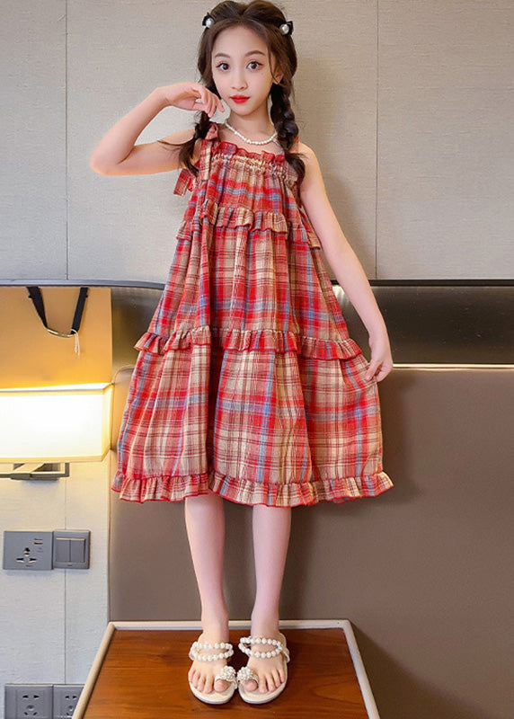 Beautiful Red Slash Neck Ruffled Plaid Patchwork Girls Slip Long Dress Summer GF016