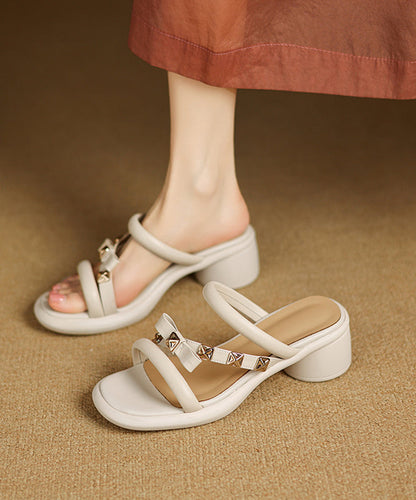 Sandals Cowhide Chunky Black Leather Beautiful Splicing Slide