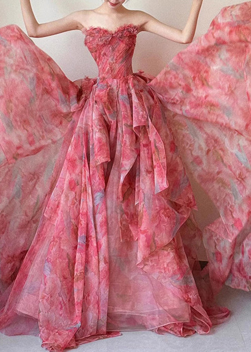 Large Waist Exra Beautiful Hem High Chiffon Strapless Print