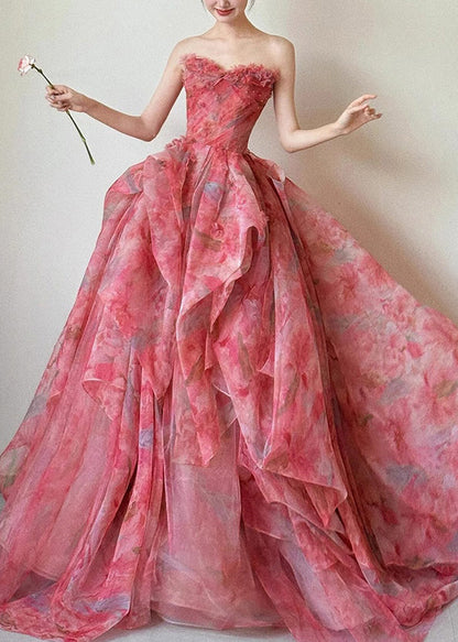 Large Waist Exra Beautiful Hem High Chiffon Strapless Print