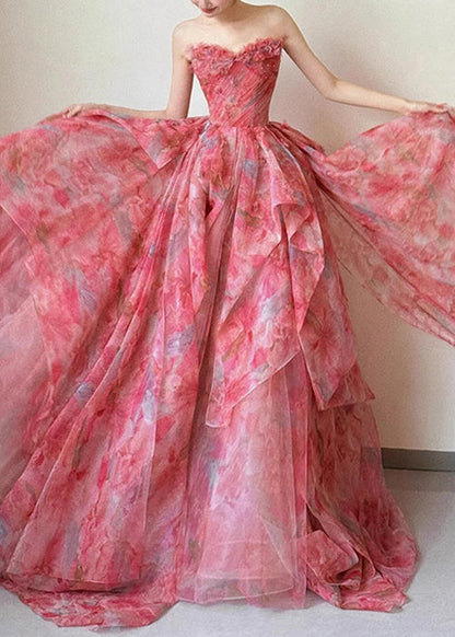 Large Waist Exra Beautiful Hem High Chiffon Strapless Print
