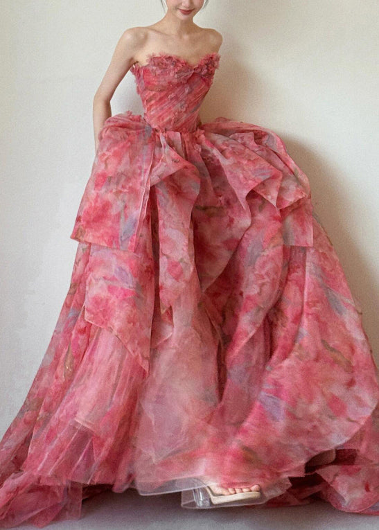 Large Waist Exra Beautiful Hem High Chiffon Strapless Print