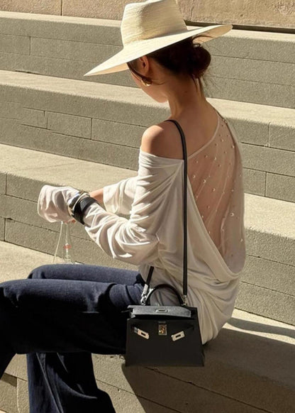 Tulle Patchwork Shirt Beautiful Top Summer Backless White