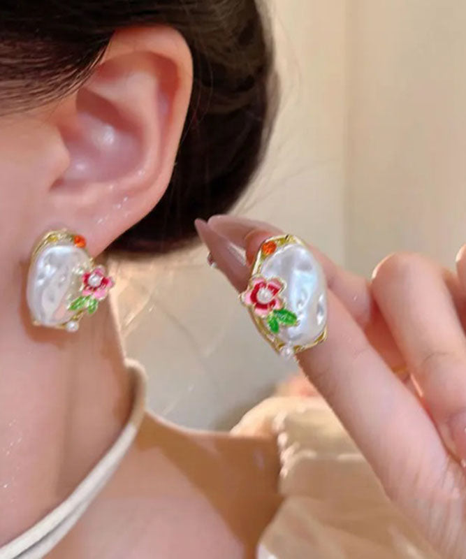 Stud Beautiful Earrings White Pearl Alloy Copper Asymmetrical