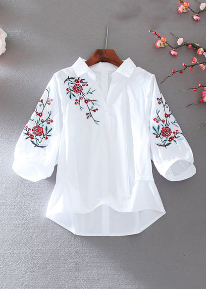 Beautiful White Peter Pan Collar Embroidered Top Summer VV031