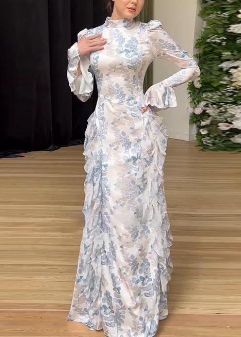 Ruffles Beautiful Print Long White Dresses Chiffon Spring