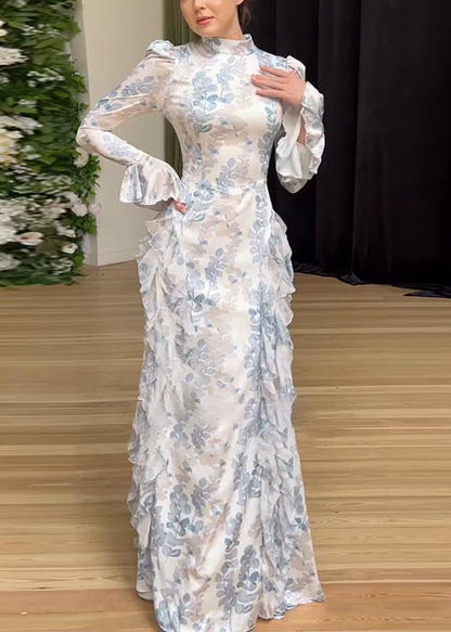 Ruffles Beautiful Print Long White Dresses Chiffon Spring