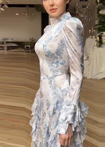 Ruffles Beautiful Print Long White Dresses Chiffon Spring