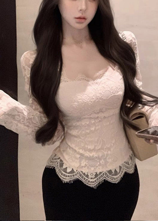 Beautiful White Square Collar Silm Fit Lace Tops Spring YP024