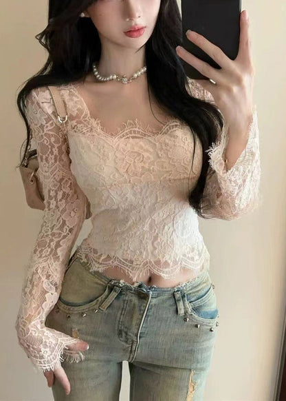 Beautiful White Square Collar Silm Fit Lace Tops Spring YP024