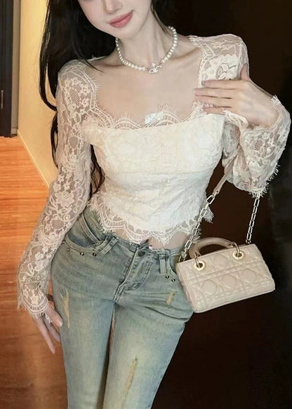 Beautiful White Square Collar Silm Fit Lace Tops Spring YP024