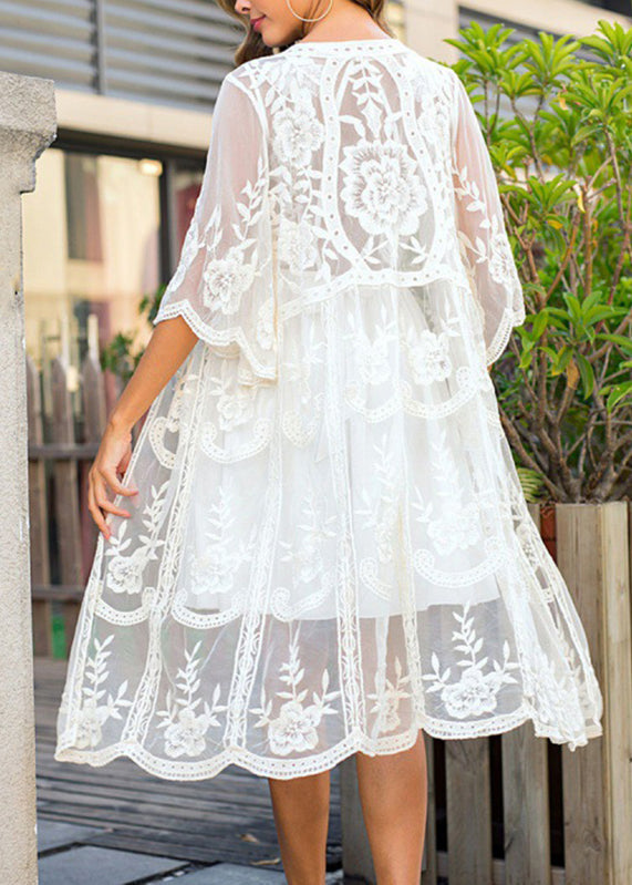 Beautiful White V-Neck Embroidery Floral Tulle Swimwear Beach Cardigans VC052