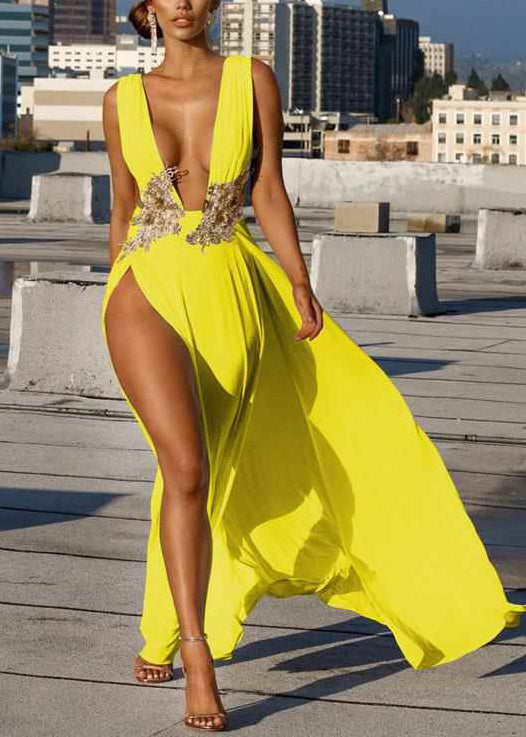 Party Open Yellow Beautiful Side Neck Deep-V Dresses Summer
