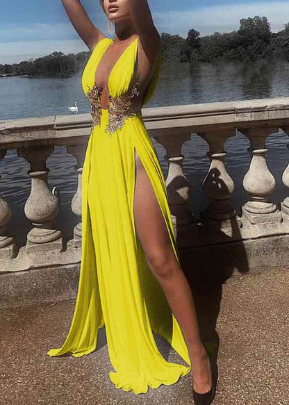 Party Open Yellow Beautiful Side Neck Deep-V Dresses Summer