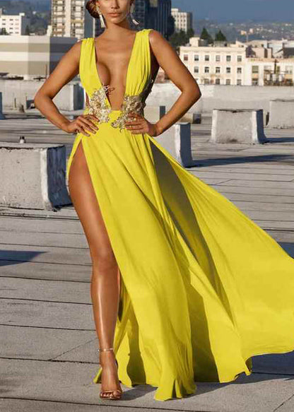 Party Open Yellow Beautiful Side Neck Deep-V Dresses Summer