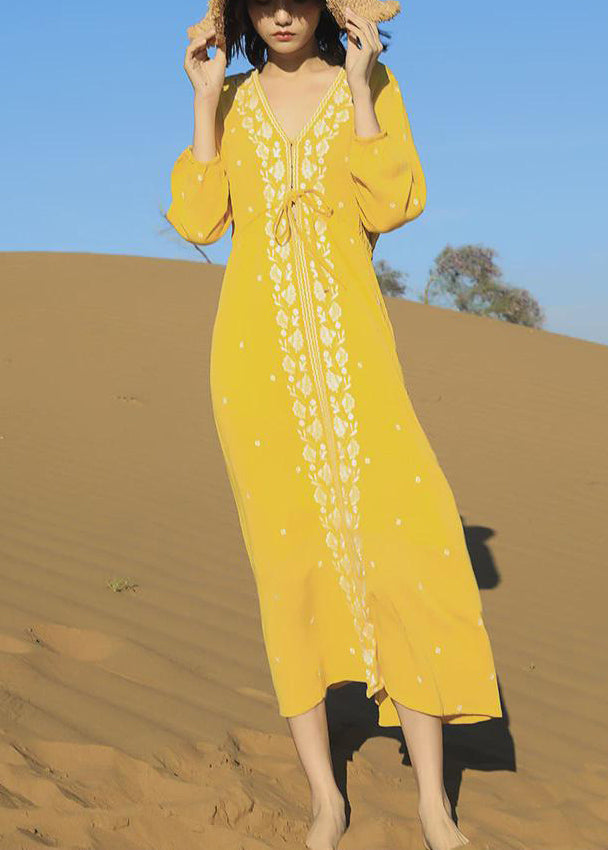 Embroidered Long Beautiful Yellow Bracelet Lace Up Cotton Dresses