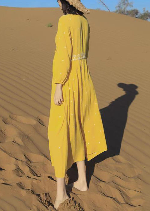 Embroidered Long Beautiful Yellow Bracelet Lace Up Cotton Dresses