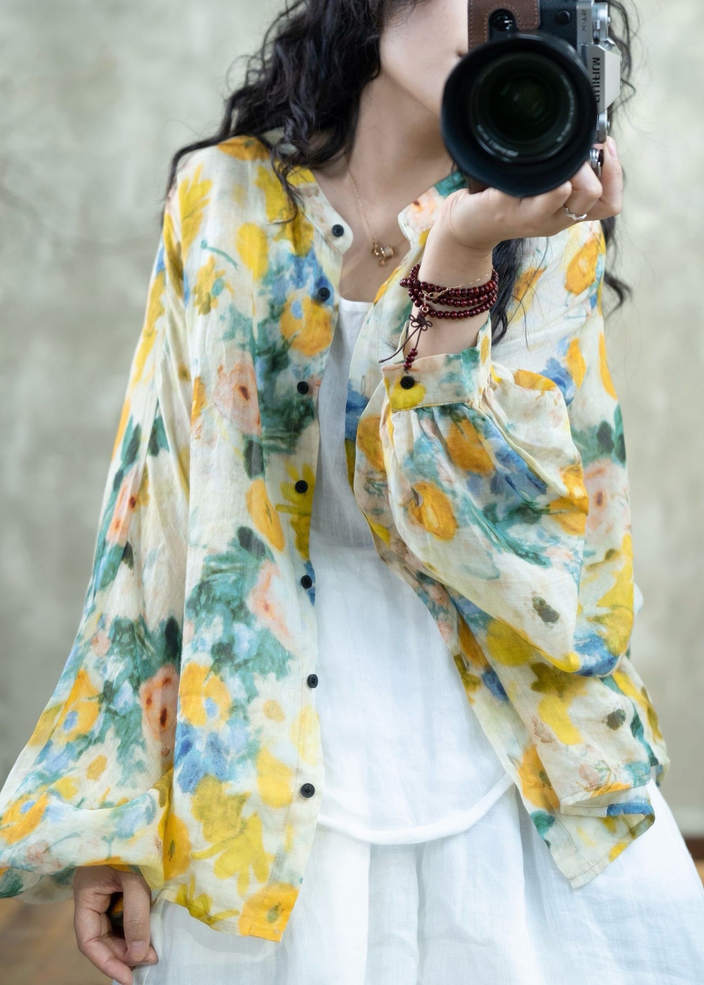 Beautiful Yellow Print Button Linen Loose Shirts Lantern Sleeve TI028