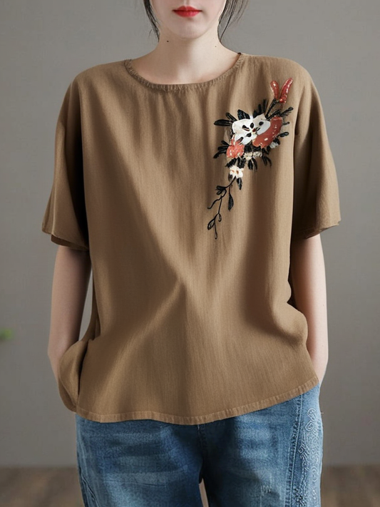 Grace Khaki O Neck Embroidered Linen T Shirts Summer QR018