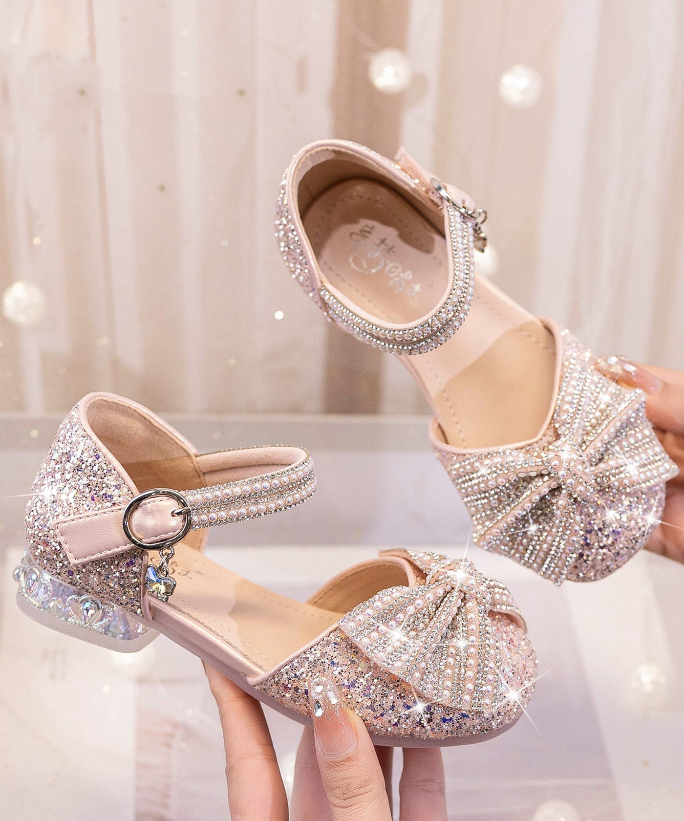 Bow Shoes Buckle Fashion Strap Beige Kids Zircon Princess Girls