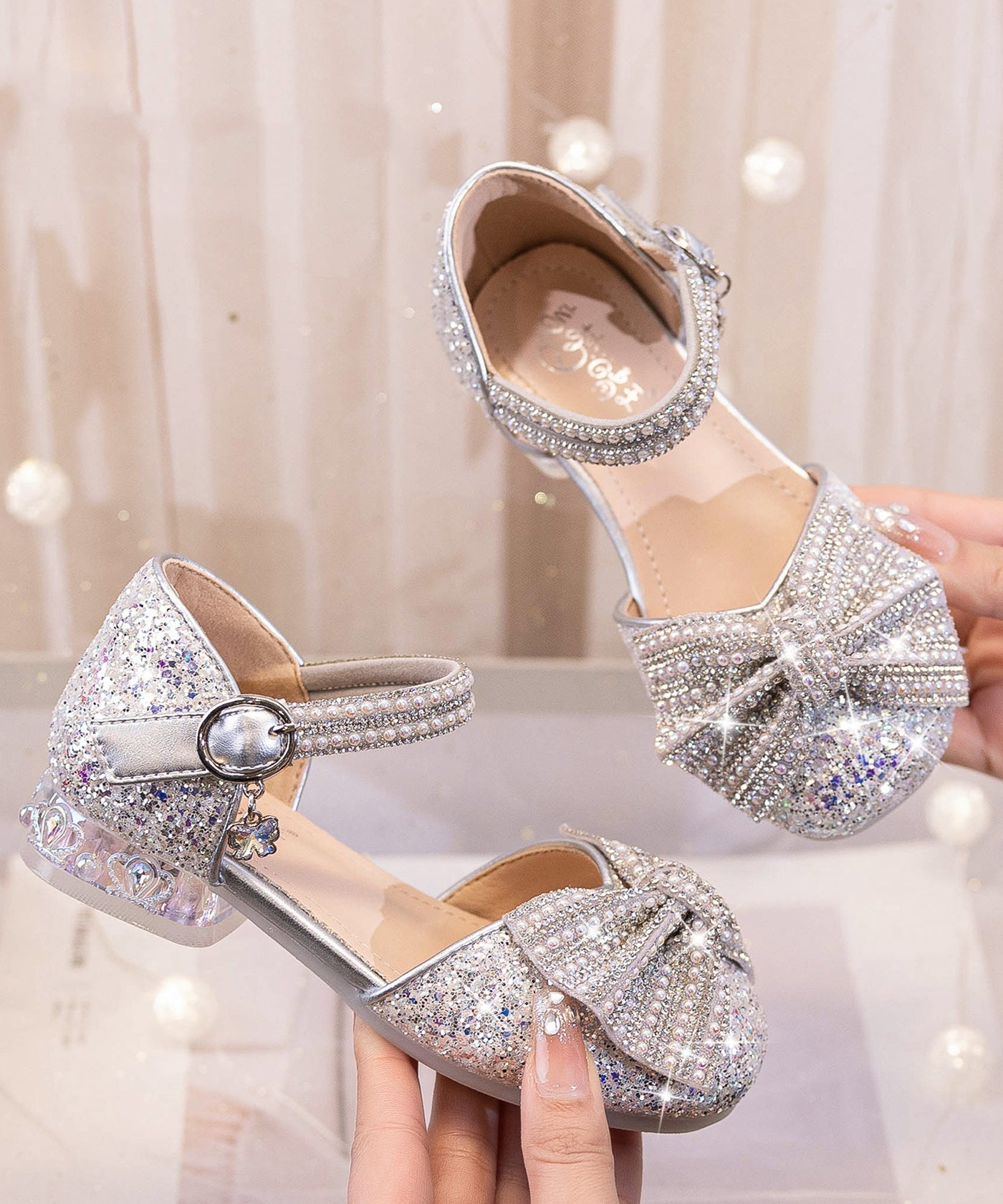 Bow Shoes Buckle Fashion Strap Beige Kids Zircon Princess Girls