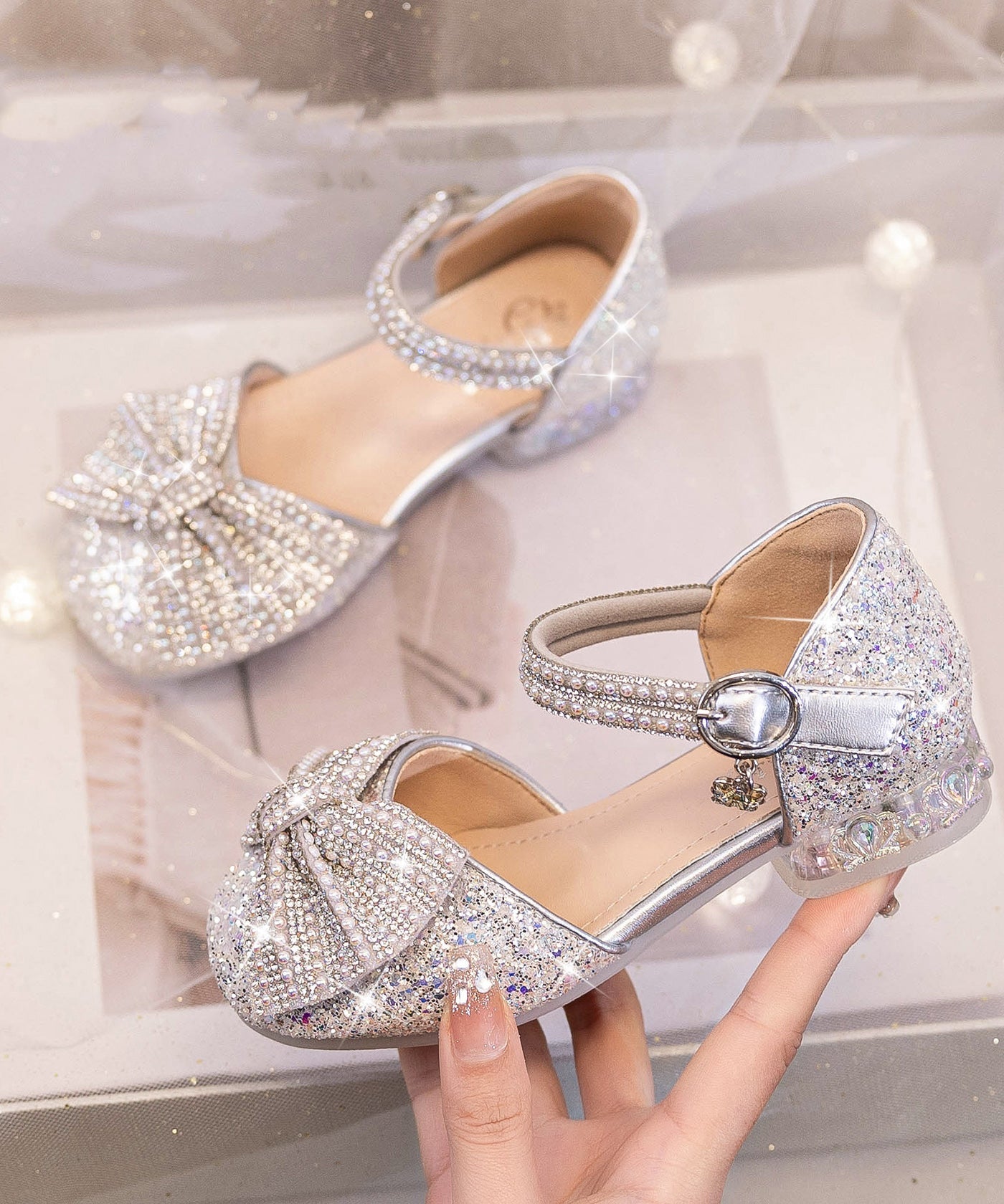 Bow Shoes Buckle Fashion Strap Beige Kids Zircon Princess Girls