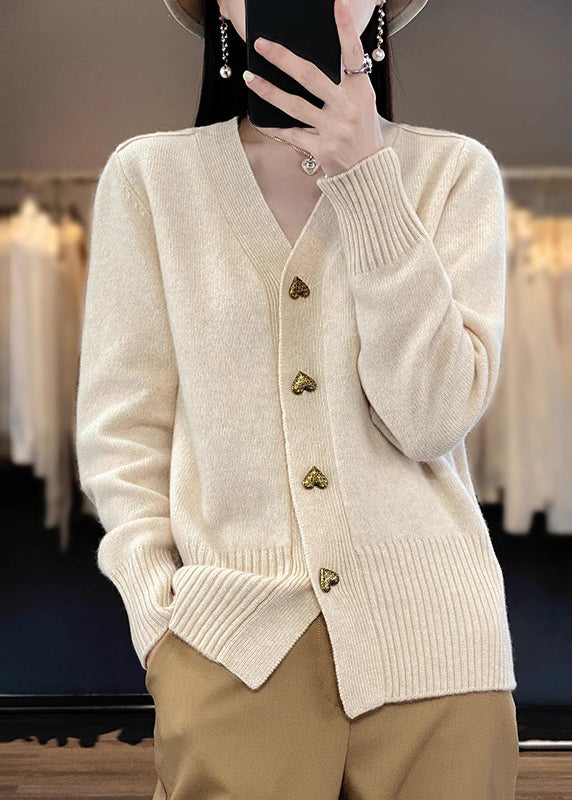 Spring Solid Neck Coats V Beige Knit Button