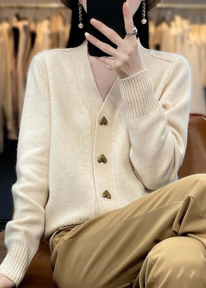 Spring Solid Neck Coats V Beige Knit Button