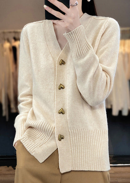 Spring Solid Neck Coats V Beige Knit Button