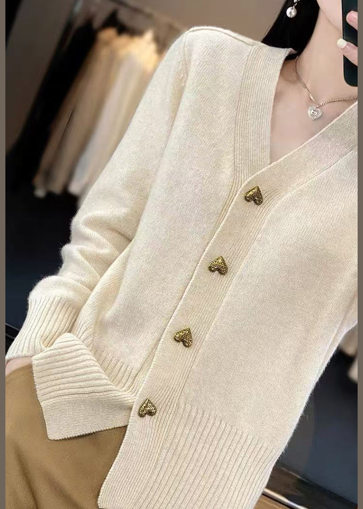 Spring Solid Neck Coats V Beige Knit Button