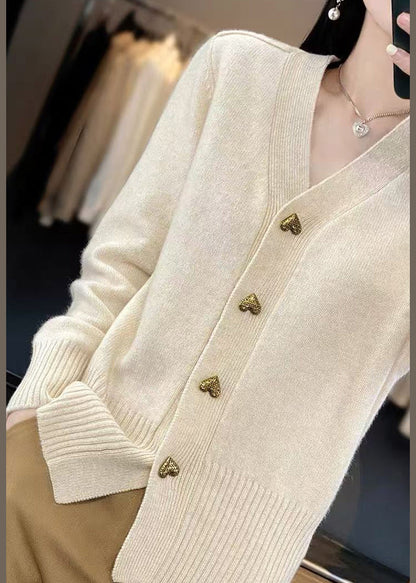Spring Solid Neck Coats V Beige Knit Button